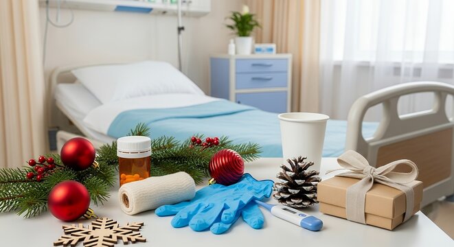 Festive Christmas cheer in hospital recovery, holiday gifts and get well wishes for a speedy recovery during the Christmas holiday season