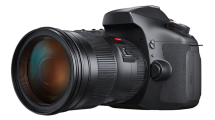 Black professional digital SLR camera body with lens isolated on white for technology photography