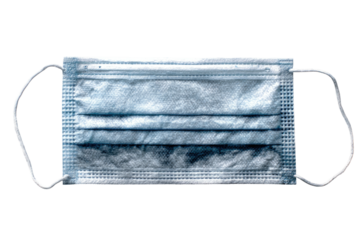 Pleated blue surgical mask with white ear loops on black