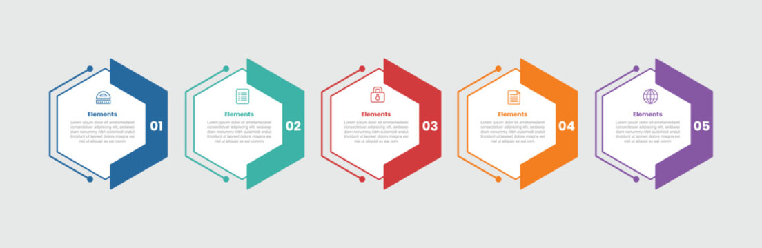 5 elements infographic comparison diagram with hexagon shape with thick slice accessories on right column with 5 step for slide presentation