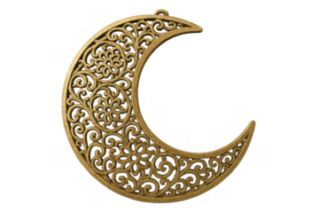 Golden crescent moon ornament with intricate arabesque filigree design, symbolizing islamic holidays like ramadan and eid