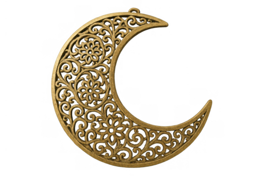 Golden crescent moon ornament with intricate arabesque filigree design, symbolizing islamic holidays like ramadan and eid
