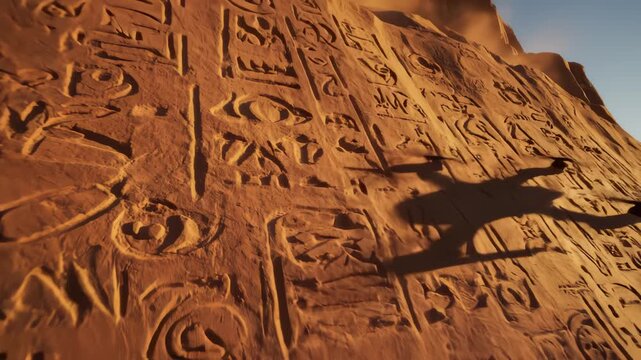 Drone Flies Past Hieroglyphs on Rock Wall in Desert Landscape
