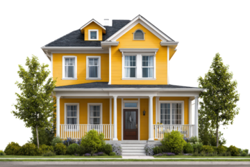 Bright yellow two story house with white trim and porch home residential, Isolated On White Background, Png Transparent