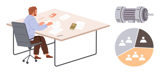 Worker seated at desk reviewing documents with motor image and circular teamwork diagram. Ideal for productivity, collaboration, industry, project planning, efficiency, workspaces, team dynamics
