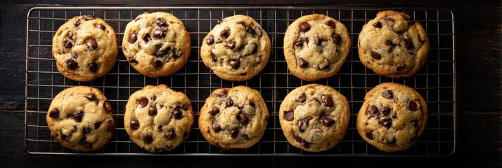 Ten chocolate chip cookies arranged on a dark wooden surface on a wire rack baking dessert