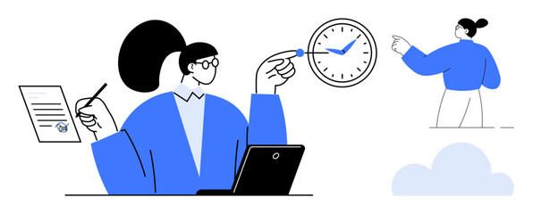 Businesswoman multitasking with a pen, document, laptop, and a clock. Highlights time management, task completion, and productivity. Ideal for project planning, work focus efficiency deadlines
