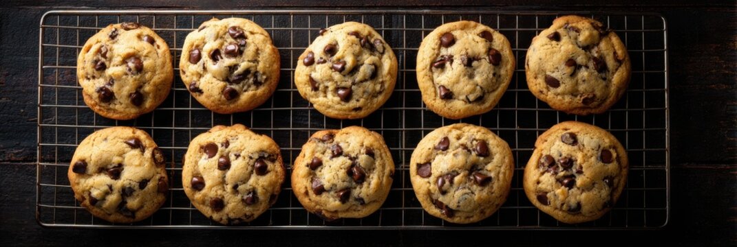 Ten chocolate chip cookies arranged on a dark wooden surface on a wire rack baking dessert