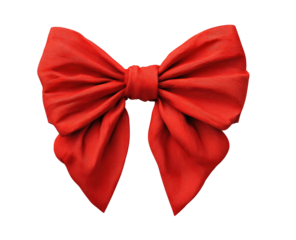A bright red fabric bow with elegant pleats and flowing loops