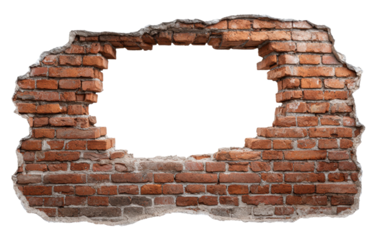 Broken red brick wall with large irregular hole cutout on black image, Isolated On White Background, Png Transparent