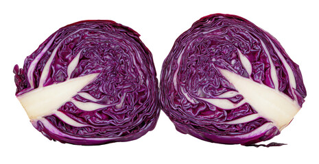 Two halves of a vibrant purple cabbage cut in half