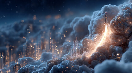 Rocket launch from futuristic city