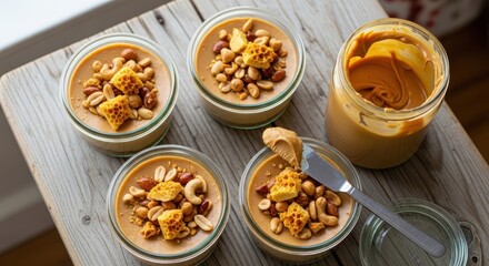 Fototapeta premium Peanut butter cheesecake Indulge in the creamy delight of homemade peanut butter mousse, adorned with crunchy peanuts and honeycomb, served in glass jars on a rustic wooden table.