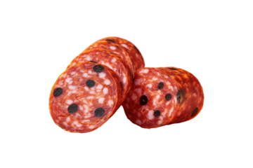 Sliced cured meat reddish, dotted with black olives & fat