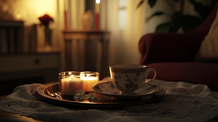 Cozy living room still life with tea, candles, and reading setup for relaxation