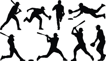 Baseball player silhouette collection, eight dynamic action poses in black vector style for sports design and athletic illustration