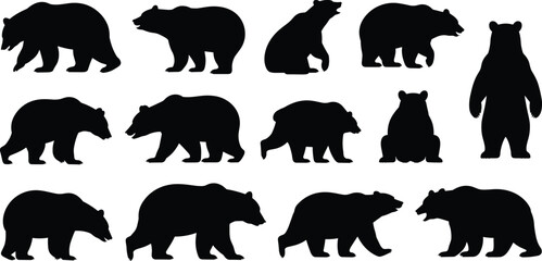 Bear silhouette illustration, walking and sitting poses, wildlife icon set, animal movement, forest creature, nature graphic, standing bear