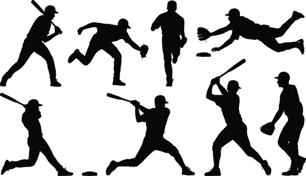 Baseball player silhouette collection, eight dynamic action poses in black vector style for sports design and athletic illustration