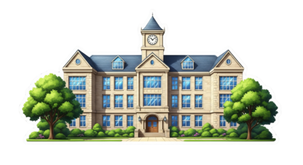 Beautiful university building with clock tower and manicured lawns on a sunny day