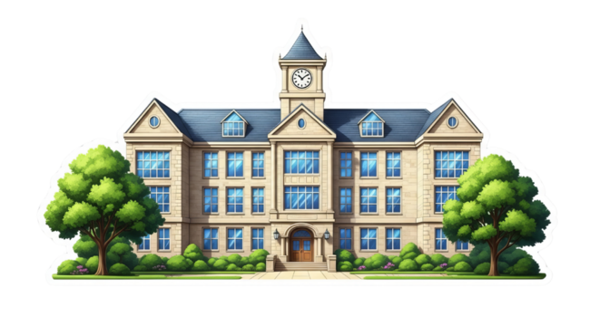 Beautiful university building with clock tower and manicured lawns on a sunny day