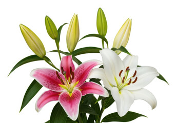 Fototapeta premium Bouquet of pink and white lilies with buds isolated on white background