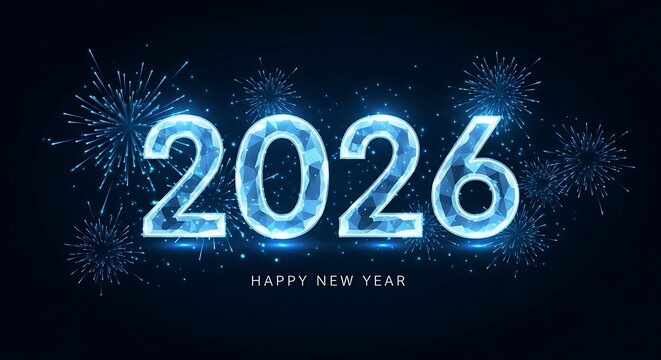 Glowing blue futuristic 2026 numbers with sparkling fireworks and a happy new year message on a dark background symbolizing celebration and the future - Powered by Adobe