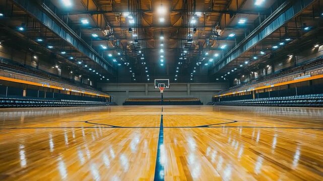 Basketball Arena: An expansive, brightly illuminated basketball arena with a polished wooden floor and a hoop, ready for a game, exuding an atmosphere of anticipation and athletic excellence.