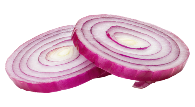 Sliced red onion rings with concentric layers against black