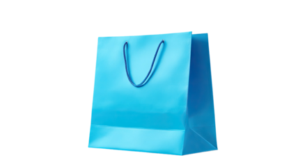 Empty blue paper shopping bag with handles for retail merchandise isolated on white background