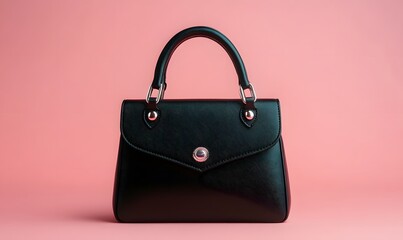 Black structured handbag with silver button closure on pink background