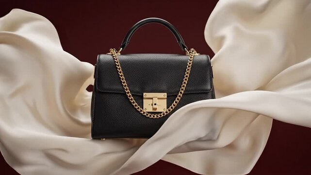 A black, structured handbag with a gold chain and handle, amidst flowing, off-white fabric