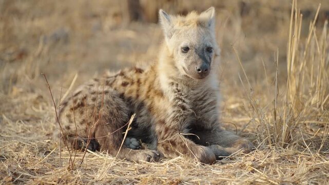 On the African savannah in the early morning, a hyena cub lies in the grass, close-up shot