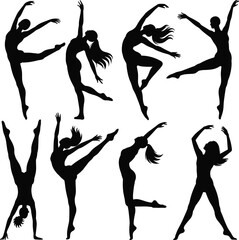 Dancer silhouette illustration set, ballet and contemporary poses, expressive movement, elegant body shape, performing arts icon, graceful motion
