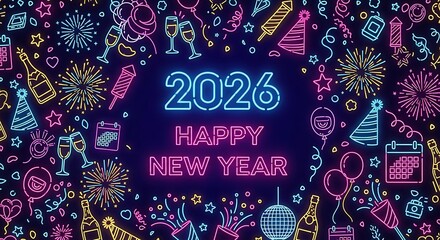 Vibrant neon lights illuminate the year 2026 with a happy new year message surrounded by festive elements like champagne bottles fireworks and party hats creating an energetic celebration atmosphere
