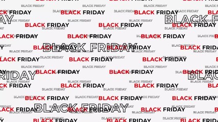 Dynamic typographic background animation featuring Black Friday text in a seamless pattern move diagonally for retail sales events and marketing.