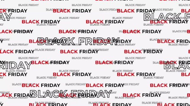 Dynamic typographic background animation featuring Black Friday text in a seamless pattern move diagonally for retail sales events and marketing.
