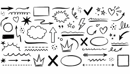 Hand-drawn doodle elements collection. Sketchy arrows, hearts, stars, and underlines for highlighting text or creating emphasis in designs