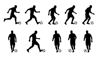Action sequence of a football player in motion, dribbling the ball. A set of isolated athlete silhouettes for animation or design
