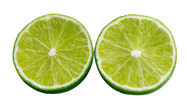 Two vibrant lime halves revealing juicy pulp and white pith
