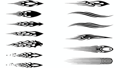 A versatile vector collection of dynamic tribal flames, classic pinstripes, and speed motion graphics for vehicle decoration and design