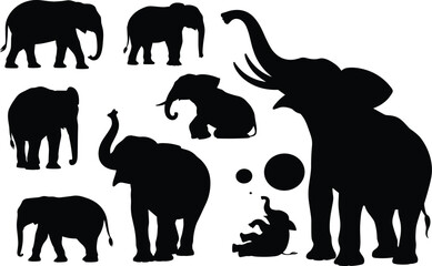 Elephant silhouette illustration set, walking and sitting poses, baby and adult elephants, wildlife icon, nature graphic, playful animal shapes
