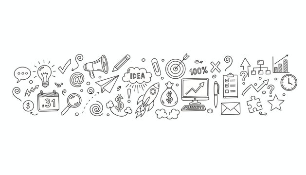 Hand-drawn banner with a collection of business doodle icons representing startup ideas, marketing strategy, and project development