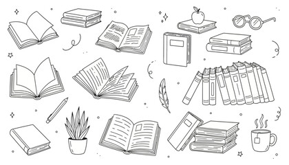 Hand-drawn vector illustrations of open and closed books, library elements, and study items in a doodle style