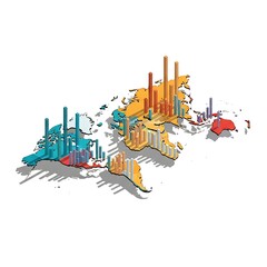 World map with bar graphs representing data on white background