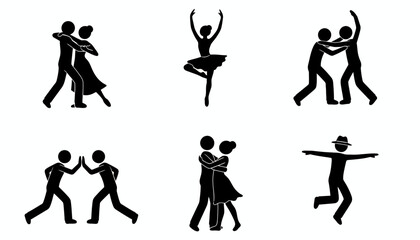 Vector illustration set of dancing people icons. Stick figure pictograms of various dance genres like ballet, ballroom, and modern styles