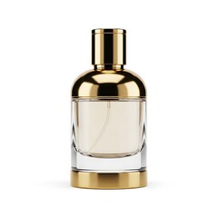 Elegant perfume bottle with golden accents on white background studio shot