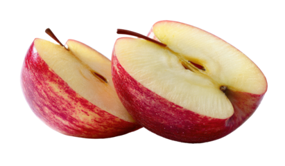 Two halves of a red apple, showing seeds and white flesh