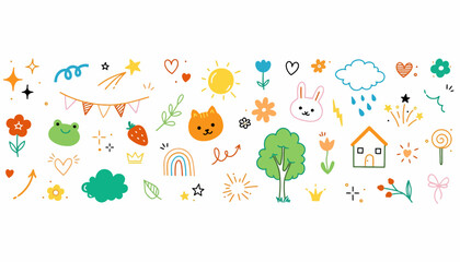 A vibrant collection of hand-drawn whimsical doodles, featuring cute animals, weather elements, and nature icons for children's projects
