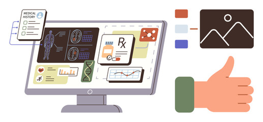 Computer screen displaying medical history details, diagnostic images, charts, and data graphs. Includes analysis tools and prescription record. Ideal for healthcare, technology, research