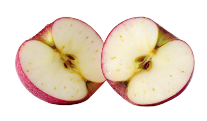 Sliced red apple revealing white flesh and tiny seeds in center